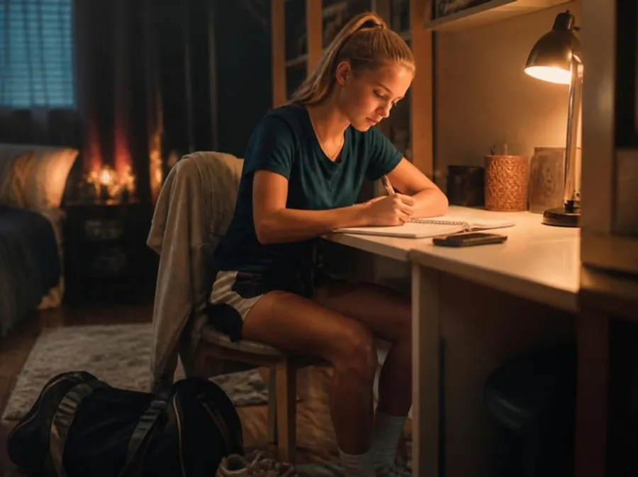 A girl writing in a notebook at her desk in the evening, her phone face down, her sports bag on the floor.