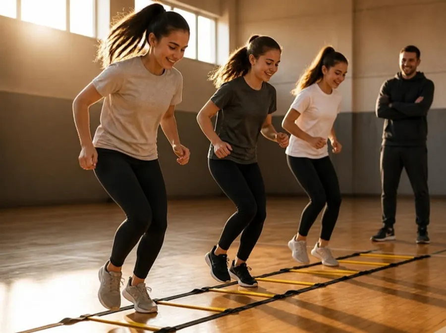 Teenage girls laughing as they run through an agility ladder at practice, with their coach watching in the background.