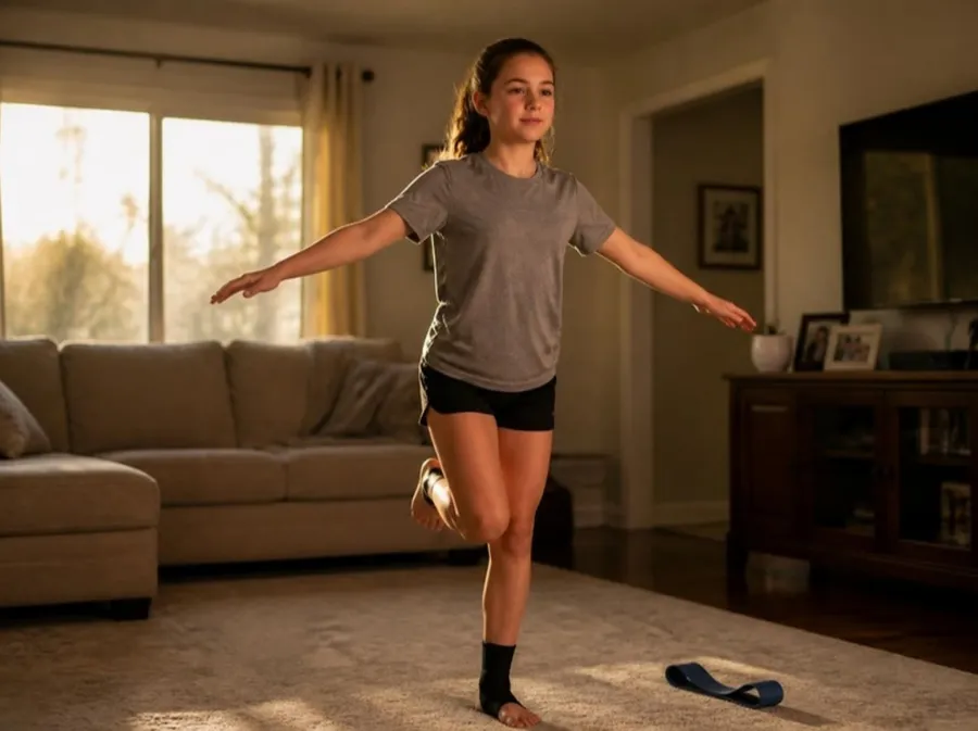 A teenage girl with an ankle brace doing a one-leg balance exercise in the living room, a resistance band on the floor next to her.