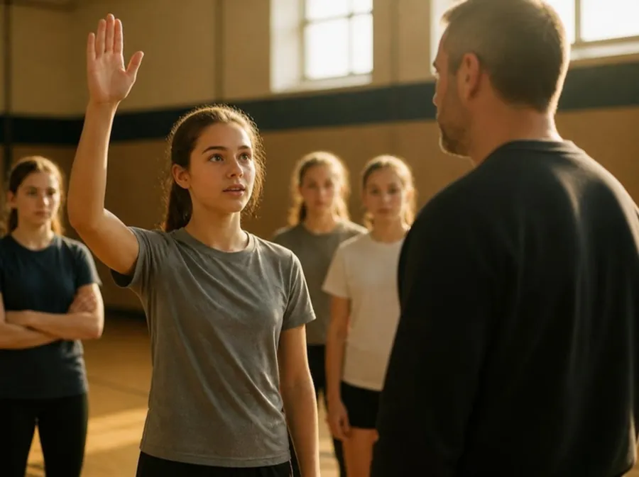 A teenage girl at practice raising her hand to ask her coach a question, her teammates blurred behind her.