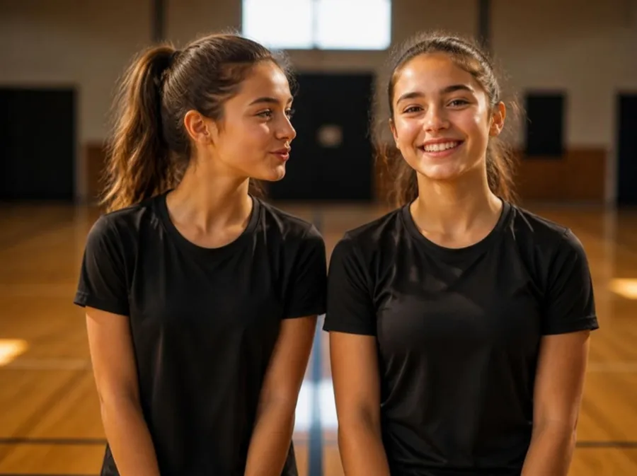 Two teenage girls side by side at practice. One is talking, the other is smiling wide.