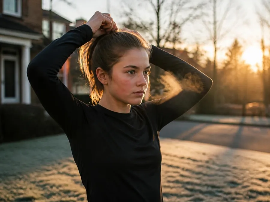 A teenage girl on a cold, frosty morning, tying her hair back before a run.