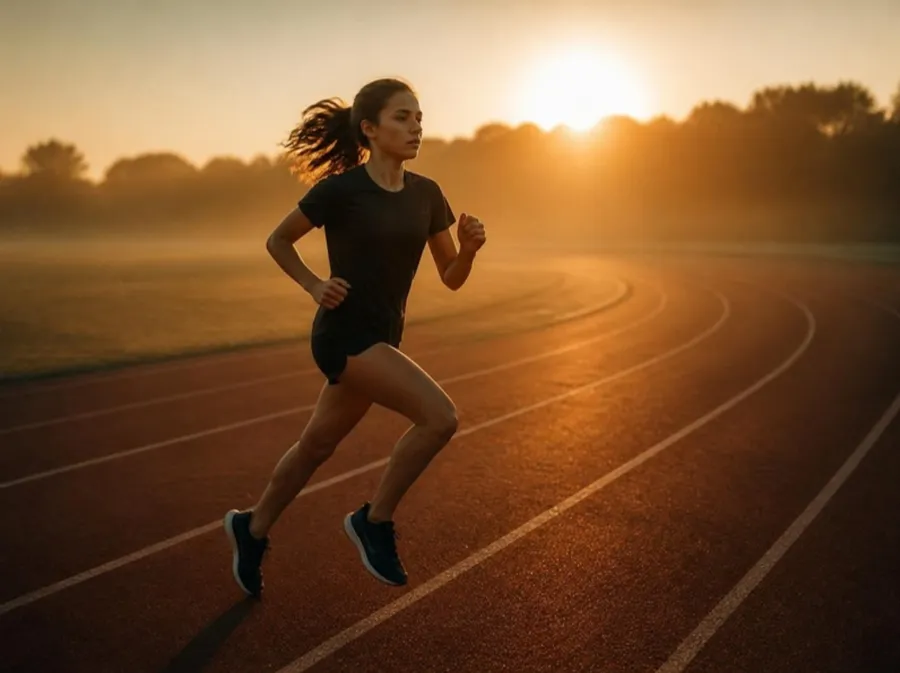 A teenage girl sprinting alone on an empty running track at sunrise.